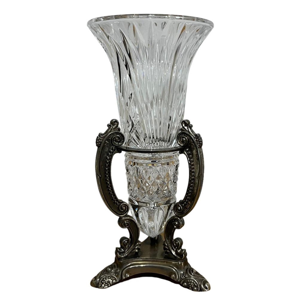 Vintage GODINGER Shannon Crystal Vase w/ Silver Plated Stand